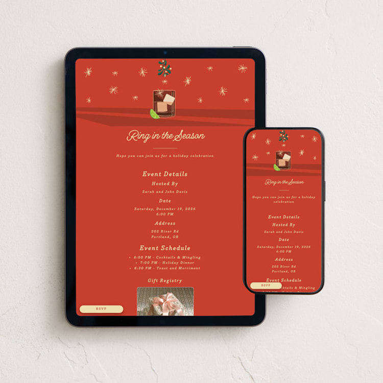 "Cocktails and Canapés" - Online Holiday Party Invitations in Poppy Red by Becky Nimoy - Mobile + desktop layout