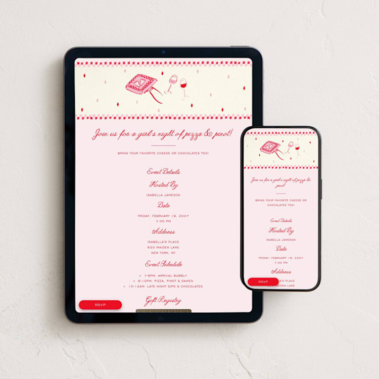 "Pizza & Pinot" - Online Holiday Party Invitations in Marinara by Sarah Rosenthal - Mobile + desktop layout