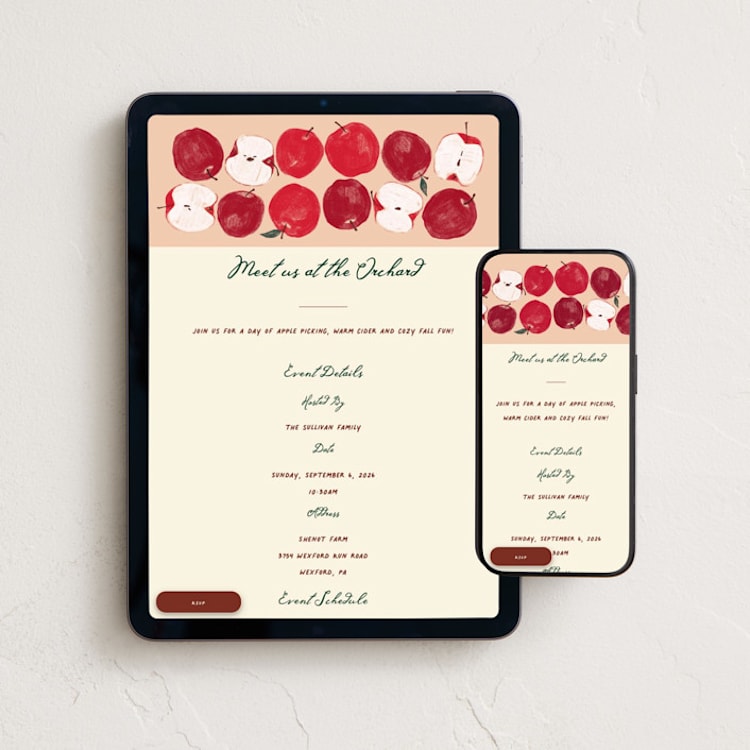 "At the Orchard" - Online Holiday Party Invitations in Peach by Emily Sabol Goss - Mobile + desktop layout