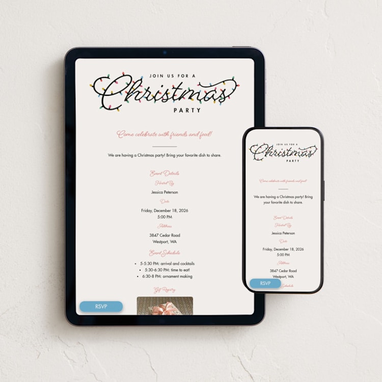"Christmas Lights" - Online Holiday Party Invitations in Marshmallow by Amy Payne - Mobile + desktop layout