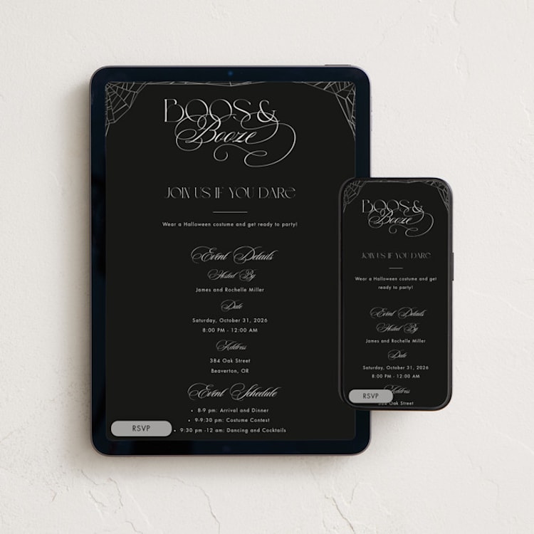 "Boos and Booze" - Online Holiday Party Invitations in Midnight by Amy Payne - Mobile + desktop layout