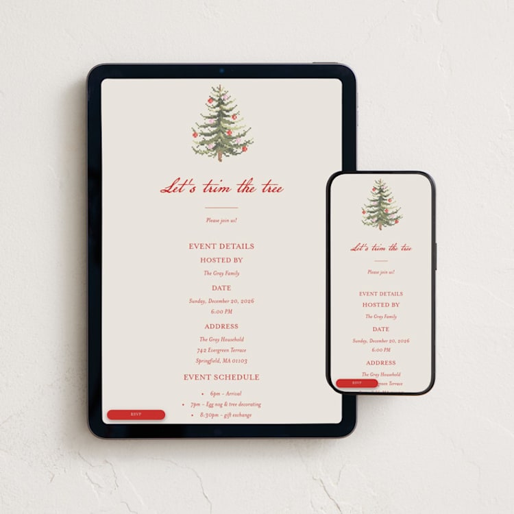 "Needlepoint Tree" - Online Holiday Party Invitations in Poinsettia by Sarah Knight - Mobile + desktop layout