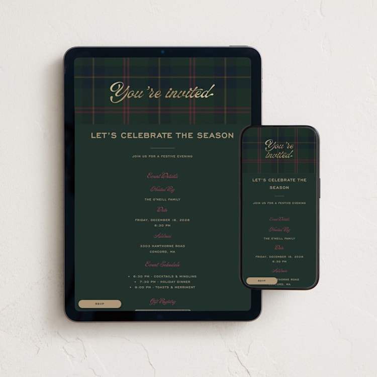 "Classic Cheer" - Online Holiday Party Invitations in Evergreen by Leia Matt - Mobile + desktop layout
