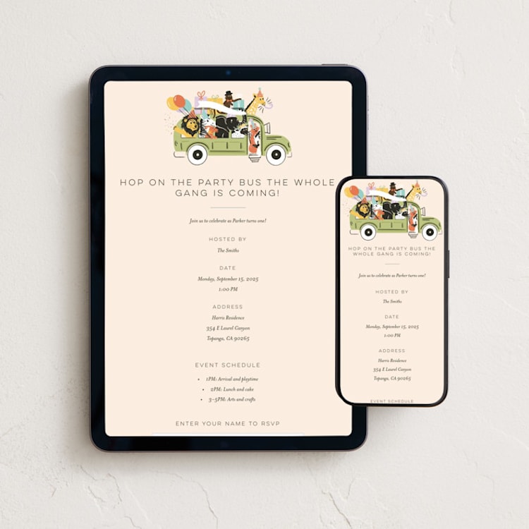 "Birthday Bus" - Online Kids Birthday Invitations in Sour Apple by Shiny Penny Studio - Mobile + desktop layout