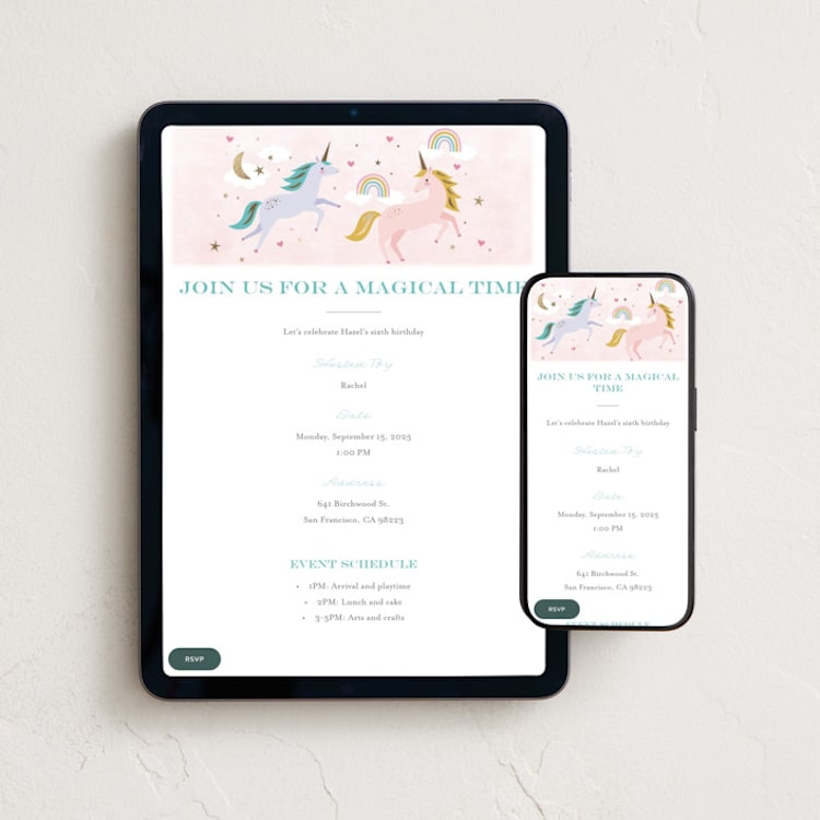 "magical unicorns" - Online Kids Birthday Invitations in Cotton Candy by Karidy Walker - Mobile + desktop layout