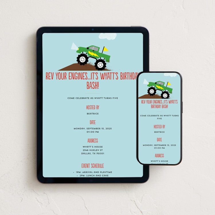 "Monster Truck" - Online Kids Birthday Invitations in Lime by Erica Krystek - Mobile + desktop layout