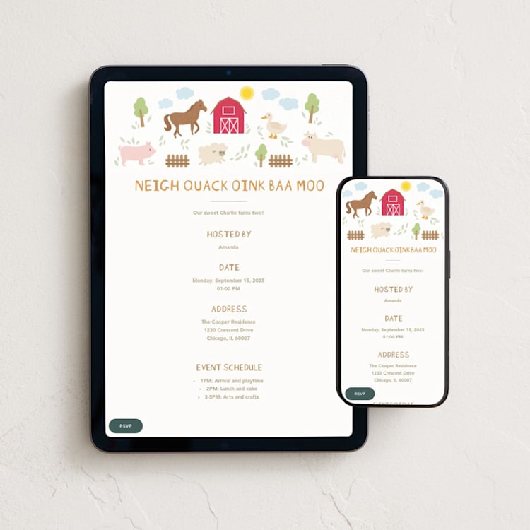 "Barnyard noises" - Online Kids Birthday Invitations in Cotton by Creo Study - Mobile + desktop layout