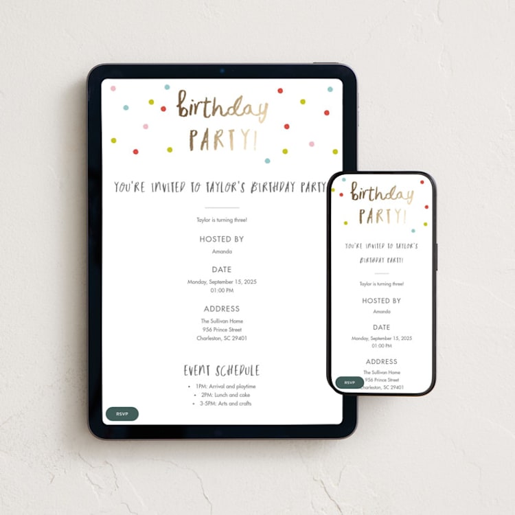 "Confetti bash" - Online Kids Birthday Invitations in Bubblegum by Stacey Meacham - Mobile + desktop layout
