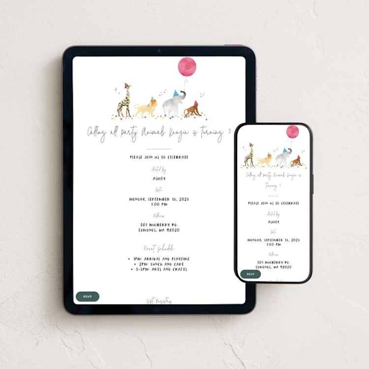 "Party Animals Marching to the Music" - Online Kids Birthday Invitations in Gumdrops by Maggie Maeve - Mobile + desktop layout