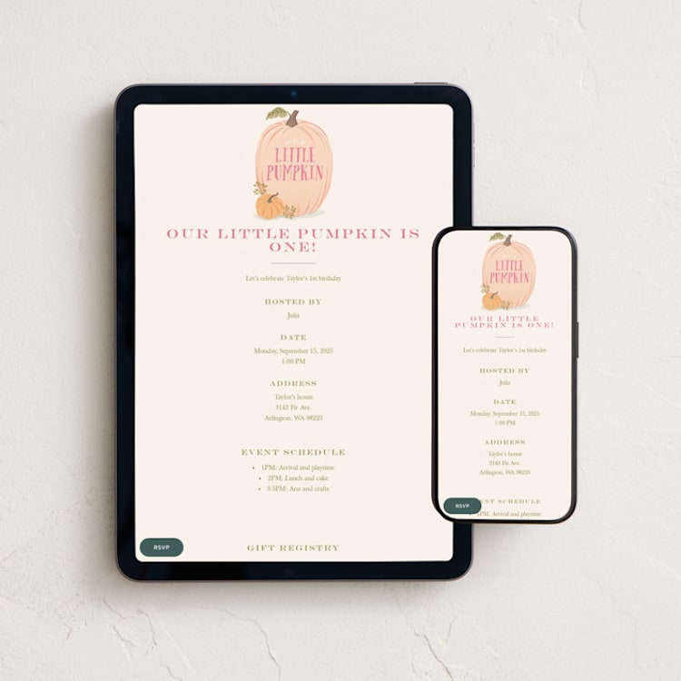 "Autumn Pumpkin" - Online Kids Birthday Invitations in Peach by Karidy Walker - Mobile + desktop layout