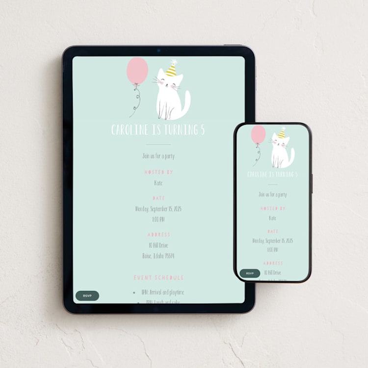 "Party cat" - Online Kids Birthday Invitations in Spearmint by Angela Thompson - Mobile + desktop layout