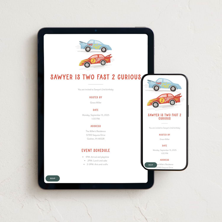 "Two Fast" - Online Kids Birthday Invitations in Racing Red by Jessie Steury - Mobile + desktop layout