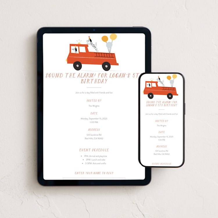 "Sound The Alarm!" - Online Kids Birthday Invitations in Dalmatian by Angela Thompson - Mobile + desktop layout