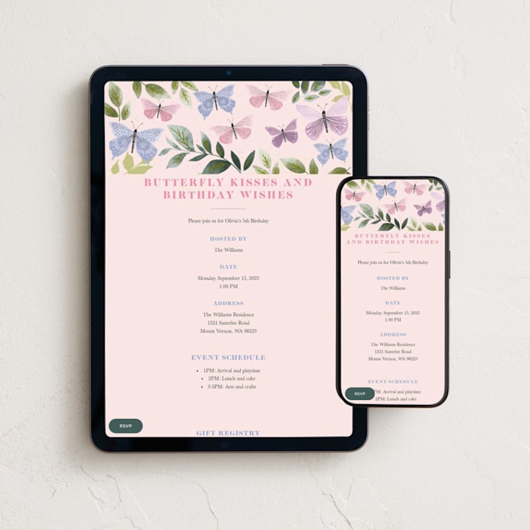 "butterfly kisses" - Online Kids Birthday Invitations in Petal by Karidy Walker - Mobile + desktop layout