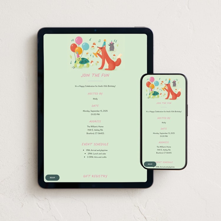 "Forest Jazz" - Online Kids Birthday Invitations in Key Lime by Ana Peake - Mobile + desktop layout