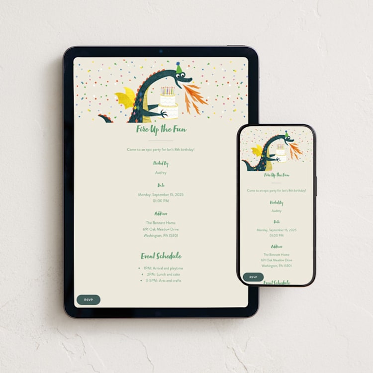 "Party Dragon" - Online Kids Birthday Invitations in Vanilla by Nadia Hassan - Mobile + desktop layout