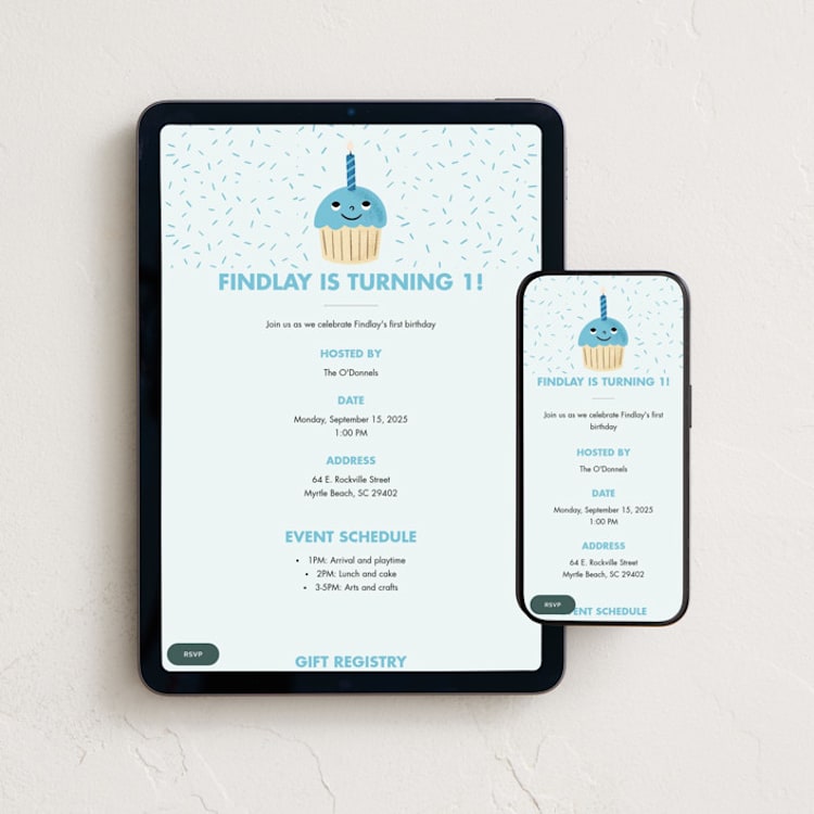 "One Cupcake" - Online Kids Birthday Invitations in Bluebird by mo kelley - Mobile + desktop layout