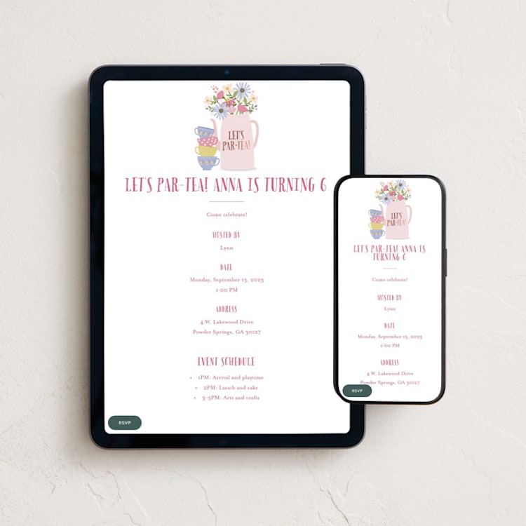 "party teapot" - Online Kids Birthday Invitations in Petal by Karidy Walker - Mobile + desktop layout