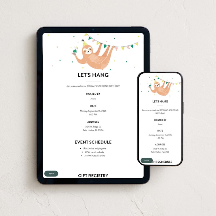 "Party Sloth" - Online Kids Birthday Invitations in Emerald by Melissa Egan of Pistols - Mobile + desktop layout