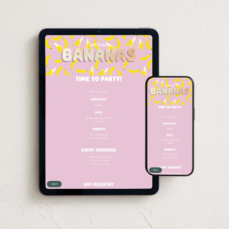 "Go Bananas" - Online Kids Birthday Invitations in Mixed Berry by Baumbirdy - Mobile + desktop layout