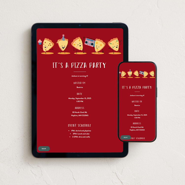 "It's A Pizza Party" - Online Kids Birthday Invitations in Tomato by Katie Zimpel - Mobile + desktop layout