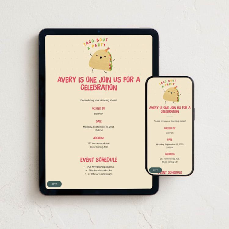 "Taco bout a party" - Online Kids Birthday Invitations in Tortilla by Adelyn T. - Mobile + desktop layout