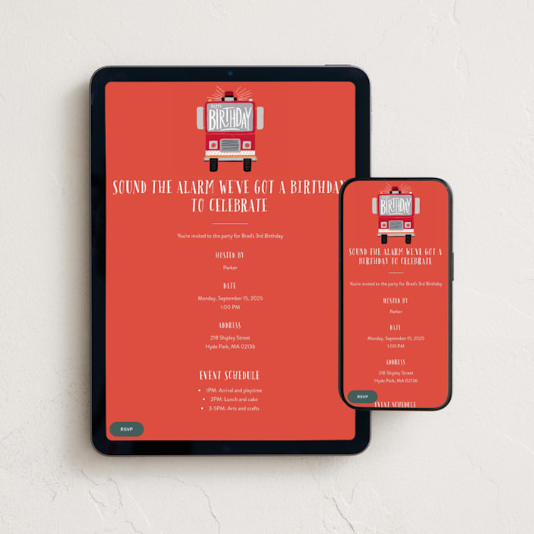 "Sound the Alarm Firetruck" - Online Kids Birthday Invitations in Fire by Alethea and Ruth - Mobile + desktop layout