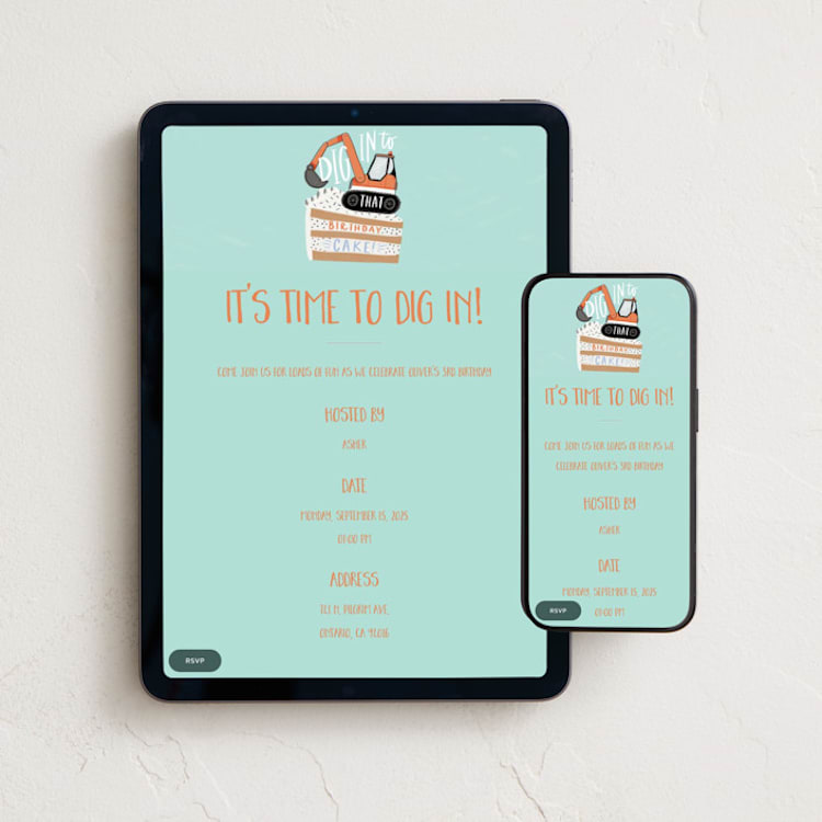 "Digger Cake" - Online Kids Birthday Invitations in Mint by Alethea and Ruth - Mobile + desktop layout