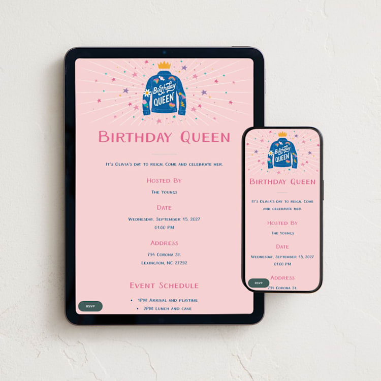 "Birthday Queen" - Online Kids Birthday Invitations in Rose Quartz by Jess Miller Draws - Mobile + desktop layout
