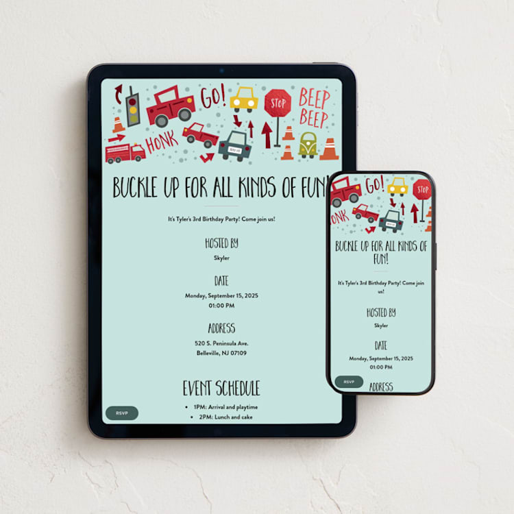 "Shiny Cars" - Online Kids Birthday Invitations in Aqua by Amy Payne - Mobile + desktop layout