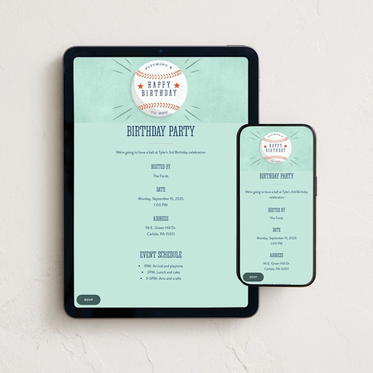 "Baseball Birthday" - Online Kids Birthday Invitations in Sky by Robert and Stella - Mobile + desktop layout