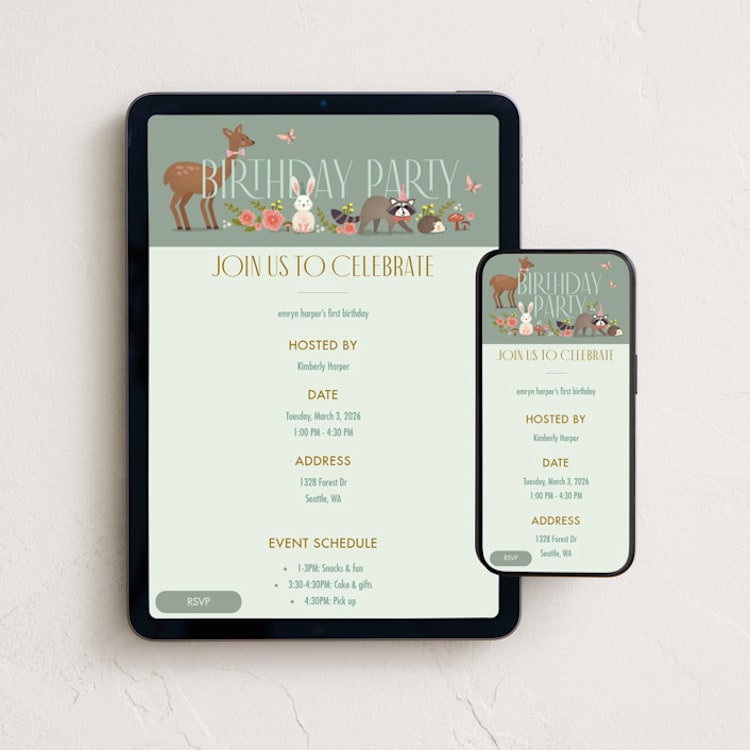 "Woodland Celebration" - Online Kids Birthday Invitations in Sage by Karidy Walker - Mobile + desktop layout