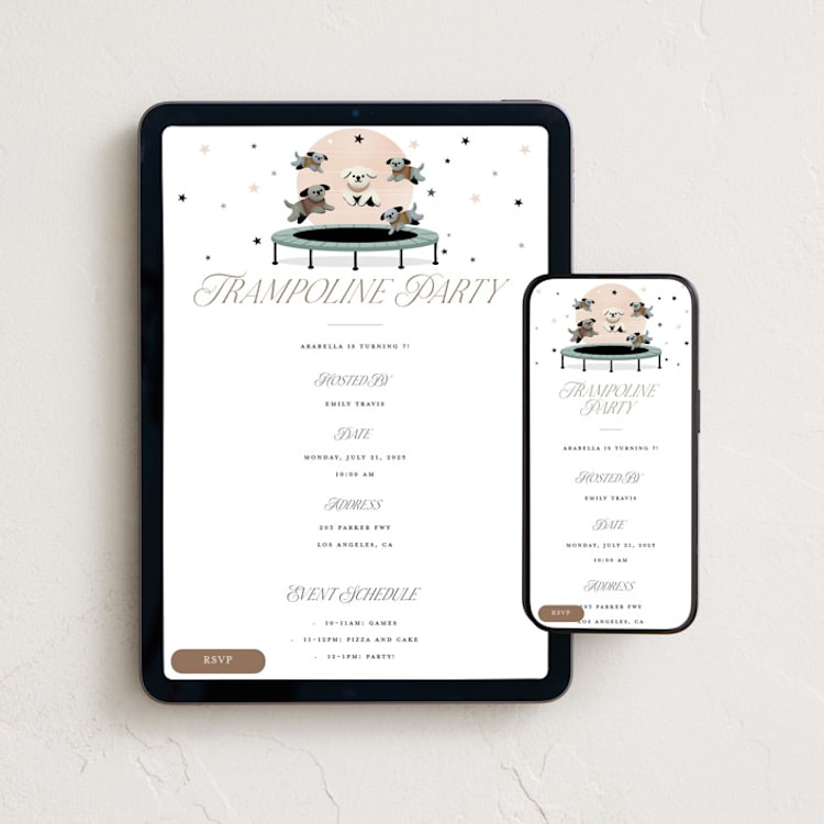 "Trampoline party" - Online Kids Birthday Invitations in Blush by Maja Cunningham - Mobile + desktop layout