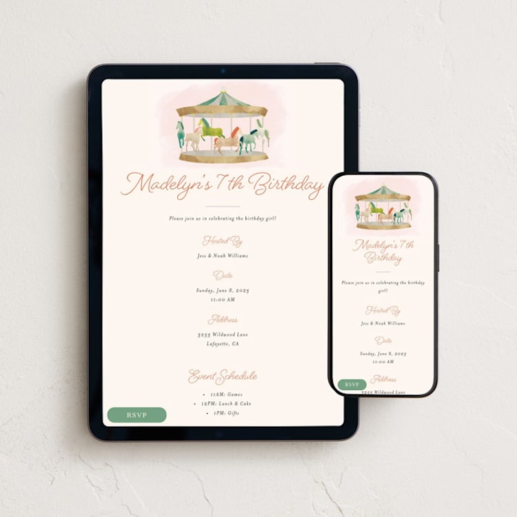 "Carousel" - Online Kids Birthday Invitations in Cotton Candy by Morgan Kendall - Mobile + desktop layout