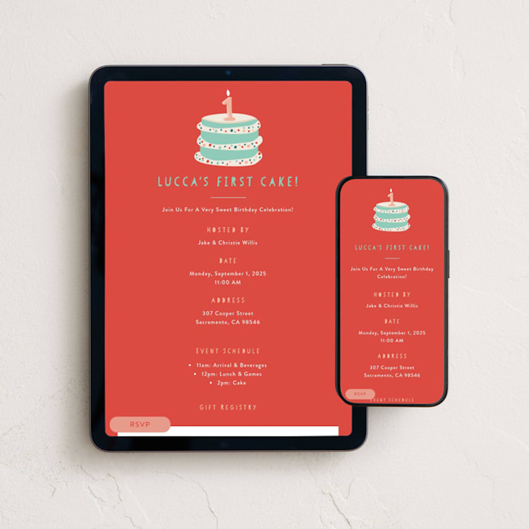 "First Cake" - Online Kids Birthday Invitations in Punchbowl by Christie Garcia - Mobile + desktop layout