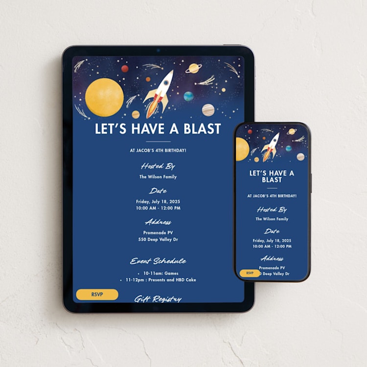 "Birthday Blast" - Online Kids Birthday Invitations in Navy by Becky Nimoy - Mobile + desktop layout