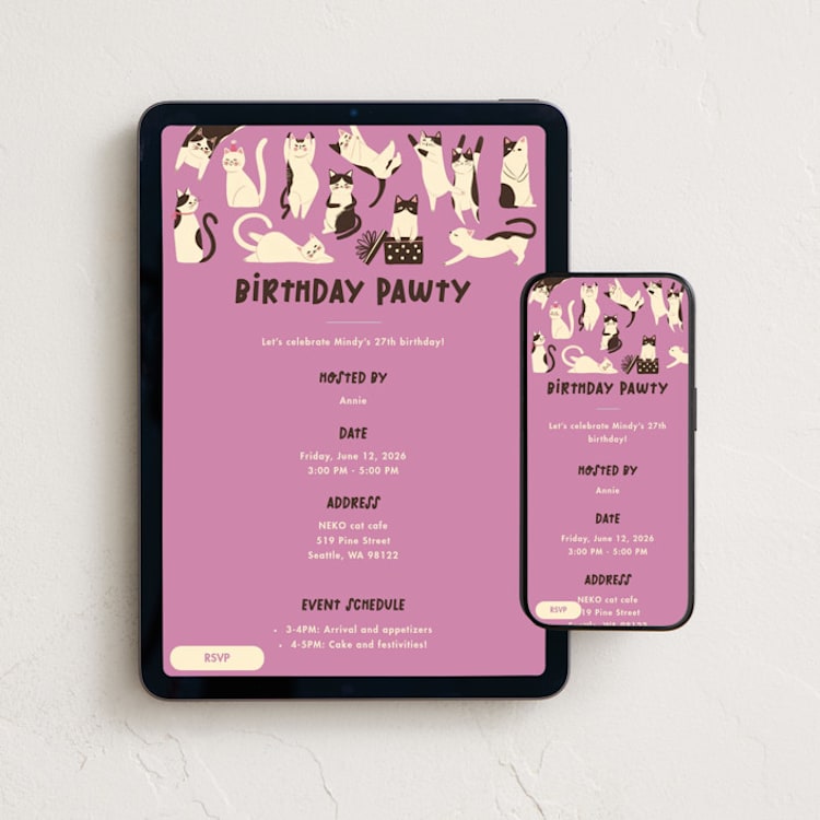"Pawty Cats" - Online Kids Birthday Invitations in Blast by Vivian Yiwing - Mobile + desktop layout