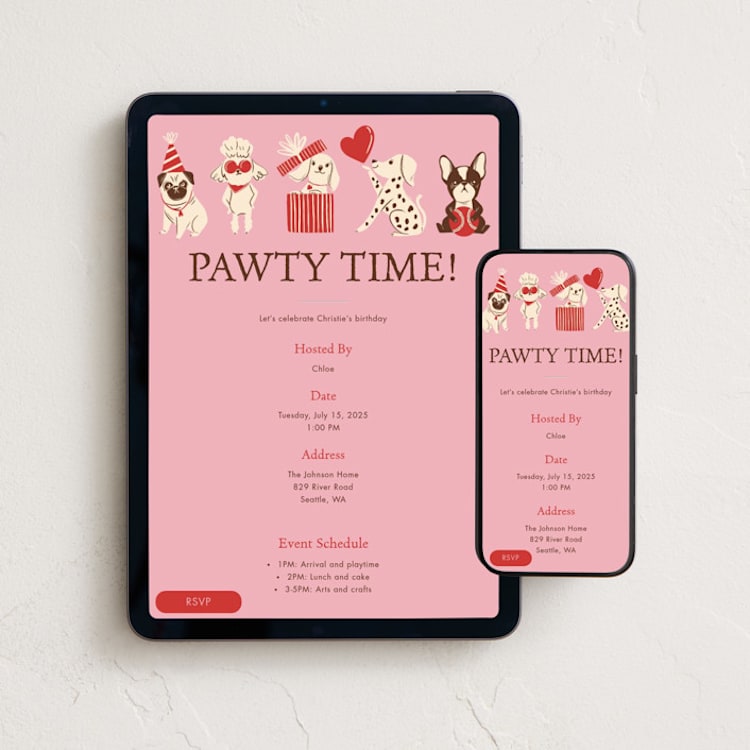 "Pawty" - Online Kids Birthday Invitations in Bubblegum by Vivian Yiwing - Mobile + desktop layout