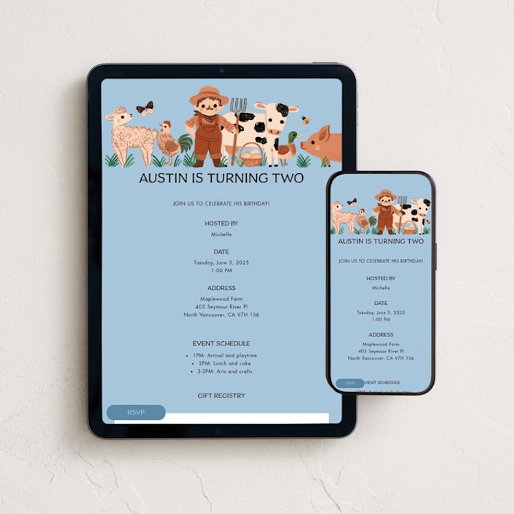 "Farm Animals" - Online Kids Birthday Invitations in Sky by Vivian Yiwing - Mobile + desktop layout