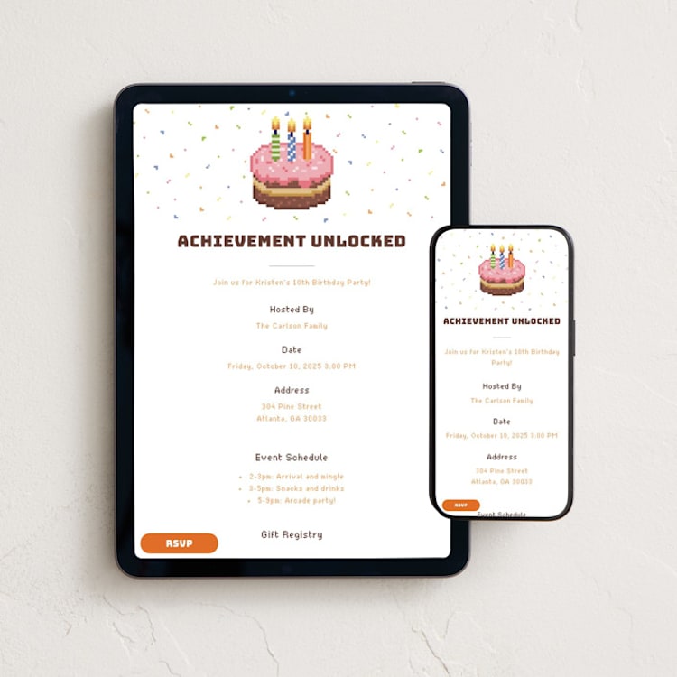 "Pixelated Party" - Online Kids Birthday Invitations in Strawberry by tuldok - Mobile + desktop layout