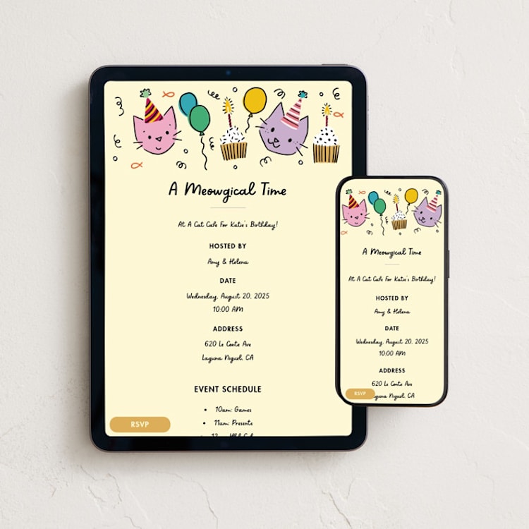 "Meowgical Cat Party" - Online Kids Birthday Invitations in Butter by Becky Nimoy - Mobile + desktop layout