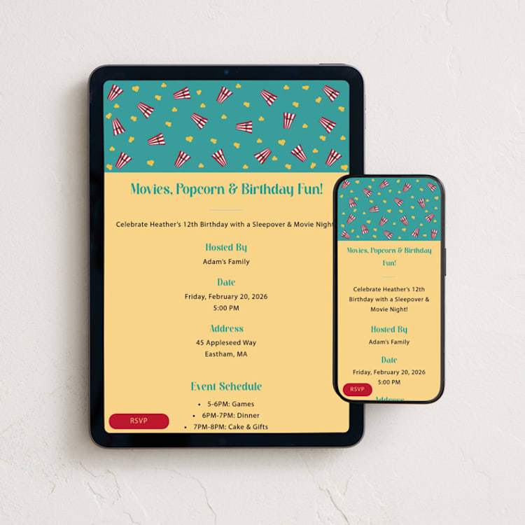 "Popcorn & Movies" - Online Kids Birthday Invitations in Teal by Beau - Mobile + desktop layout