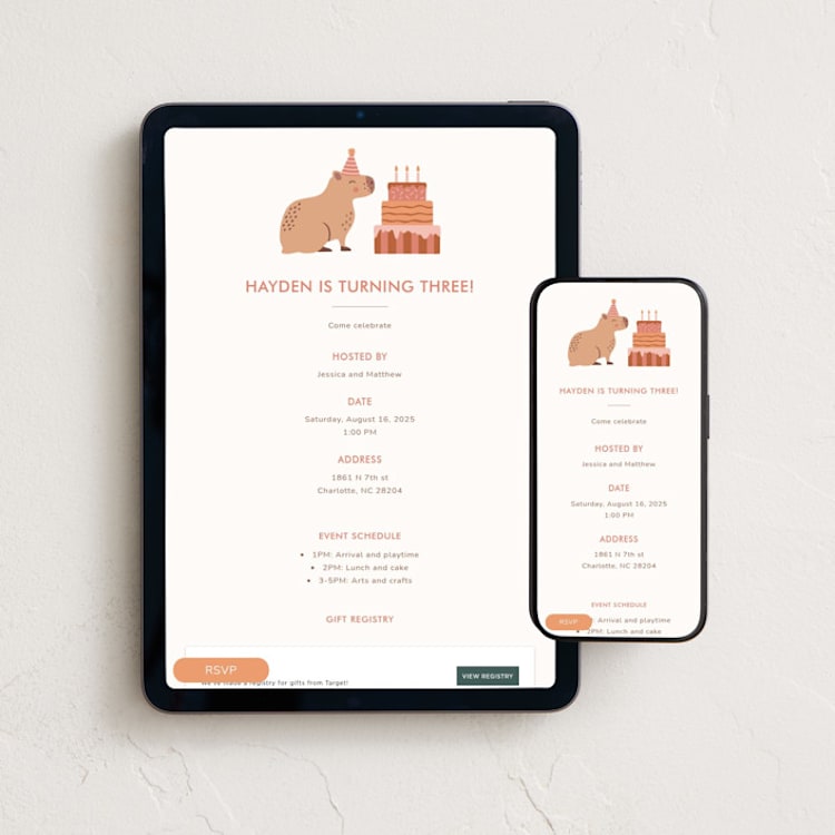 "Capybara birthday" - Online Kids Birthday Invitations in Petal by Ester Bernaldo de Quiros - Mobile + desktop layout