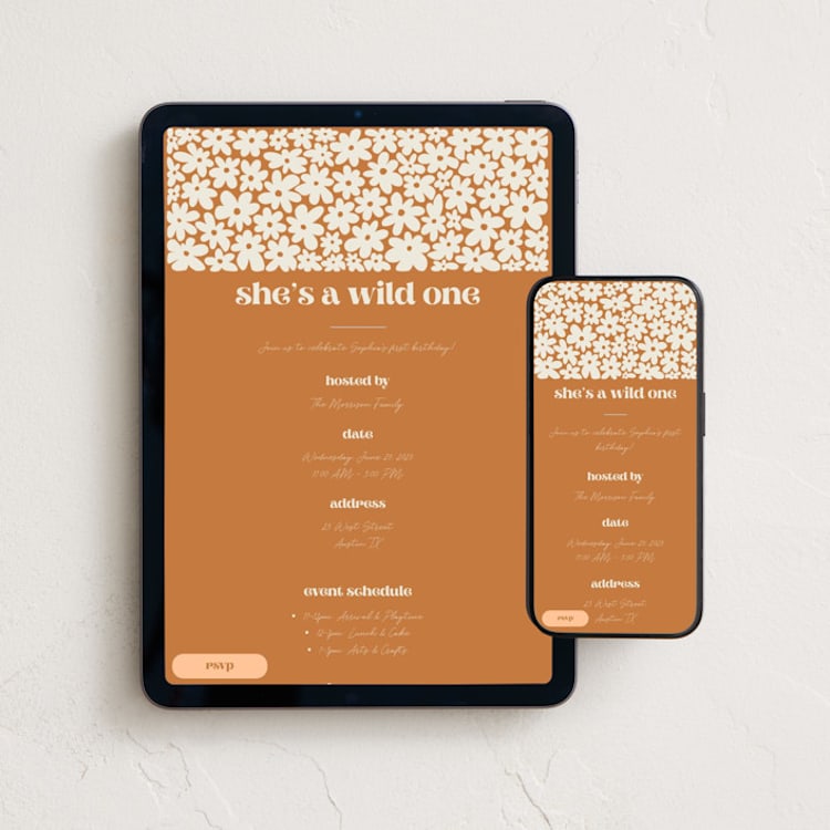 "Wildflower One" - Online Kids Birthday Invitations in Orange by Kaliste Ananda - Mobile + desktop layout