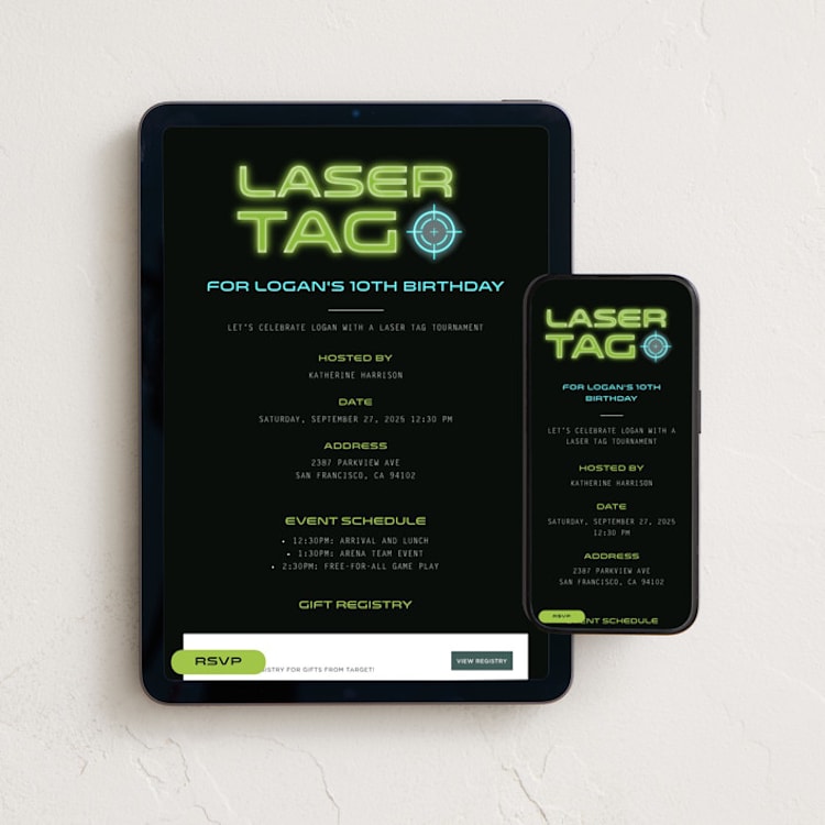 "Laser Tag Party Invitation" - Online Kids Birthday Invitations in Galaxy by Stacy Maalouf - Mobile + desktop layout