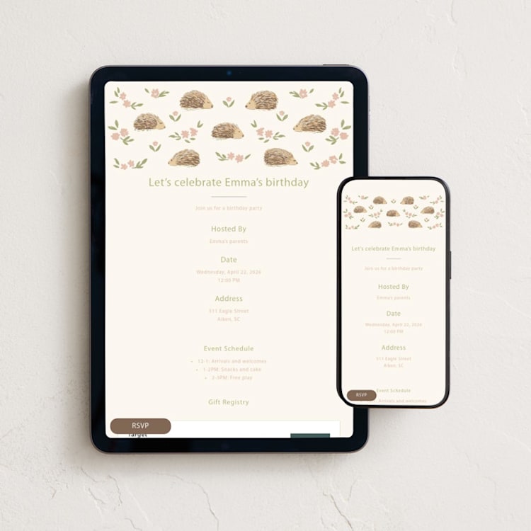 "Hedgehog kids Birthday" - Online Kids Birthday Invitations in Buttercream by Erika Catalan - Mobile + desktop layout