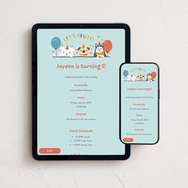 "Let's Pawty" - Online Kids Birthday Invitations in Sky Blue by Shannon Chen of Four Wet Feet Studio - Mobile + desktop layout