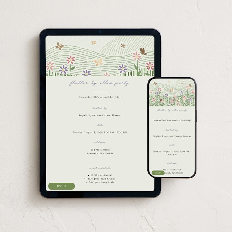 "Flutter By" - Online Kids Birthday Invitations in Meadow by Carolyn Kach - Mobile + desktop layout