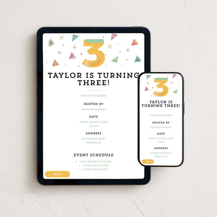 "Big Three!" - Online Kids Birthday Invitations in Sunshine by Oma N. Ramkhelawan - Mobile + desktop layout