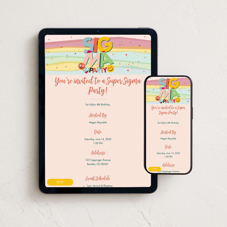 "Sigma Party" - Online Kids Birthday Invitations in Candy by Caroline Harberd - Mobile + desktop layout
